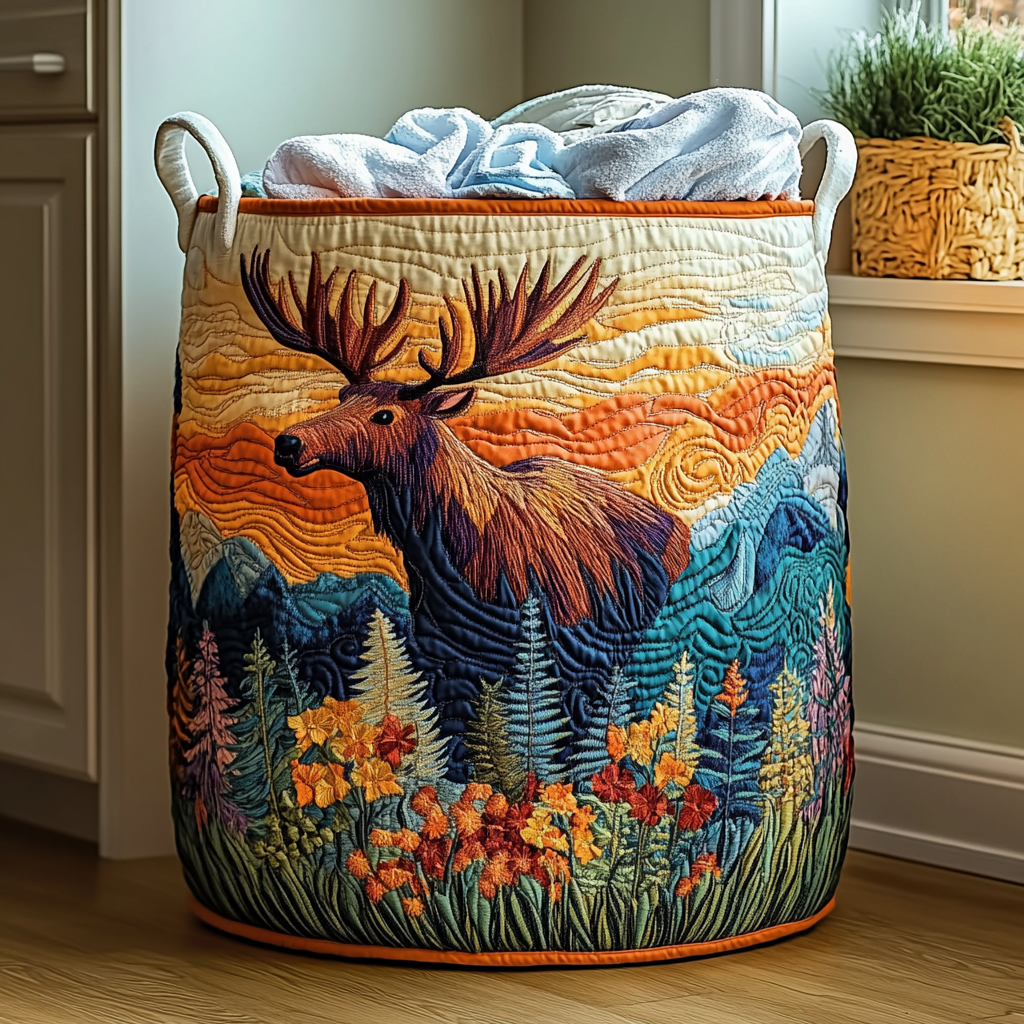 Quilted laundry basket with handles and moose and forest flower embroidery