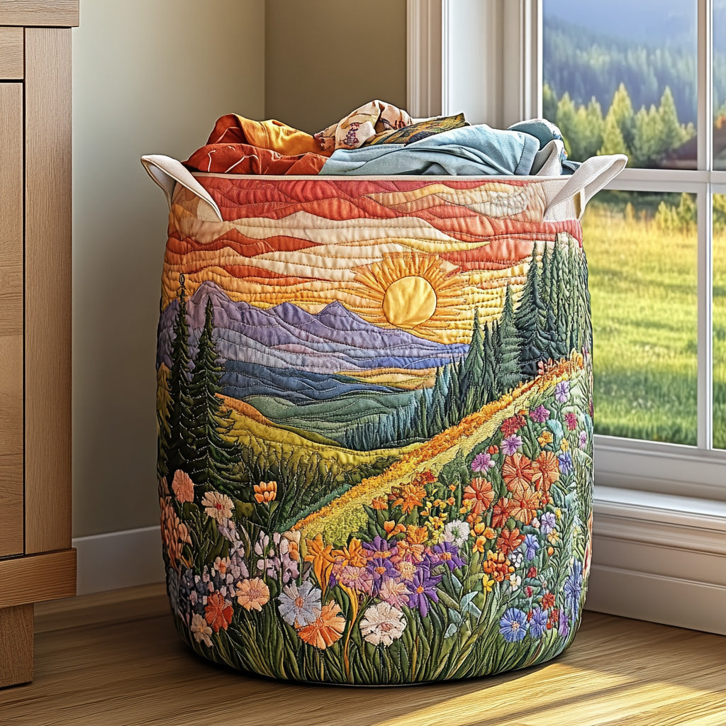 Quilted fabric laundry basket with patchwork landscape print and two side handles