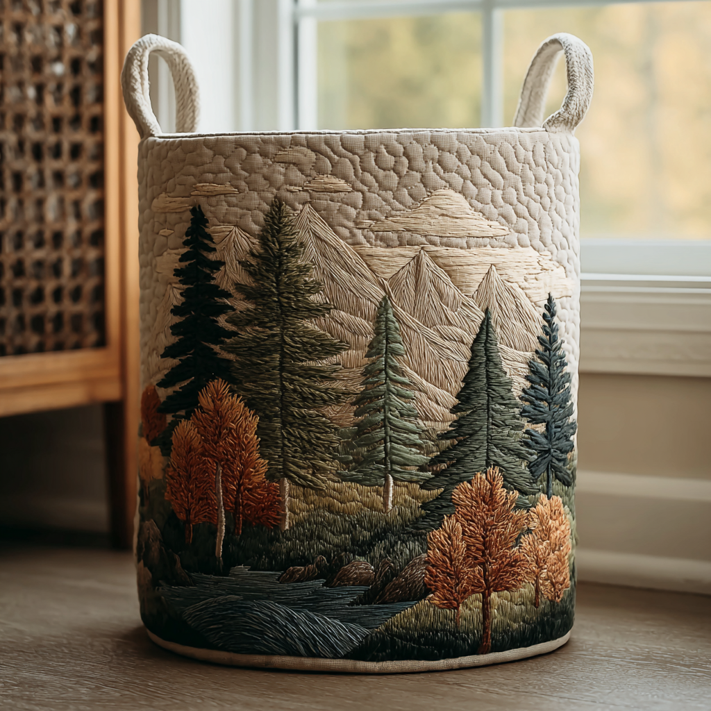 Quilted laundry basket with woven handles and forest landscape tree embroidery
