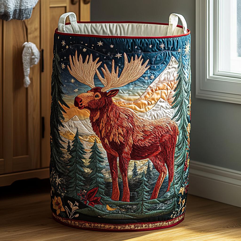 Quilted laundry basket with handles and red deer under stars in forest scene