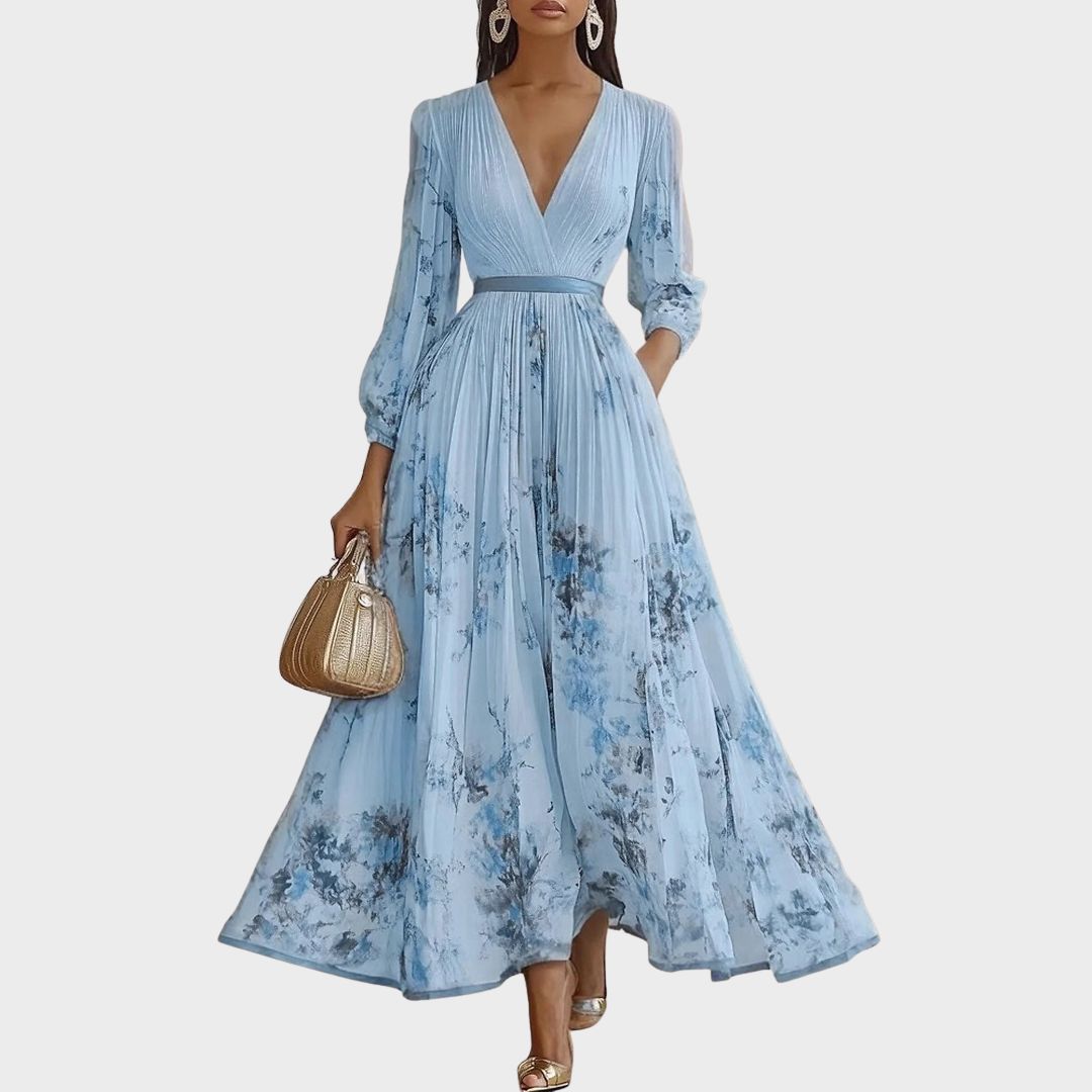Light blue pleated maxi dress with V-neck wrap and gathered waist, long sleeves.