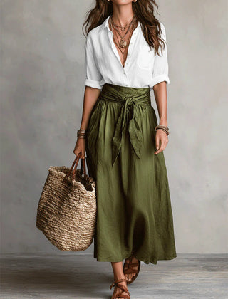 Two-piece set: white blouse and olive green midi skirt with tie waist