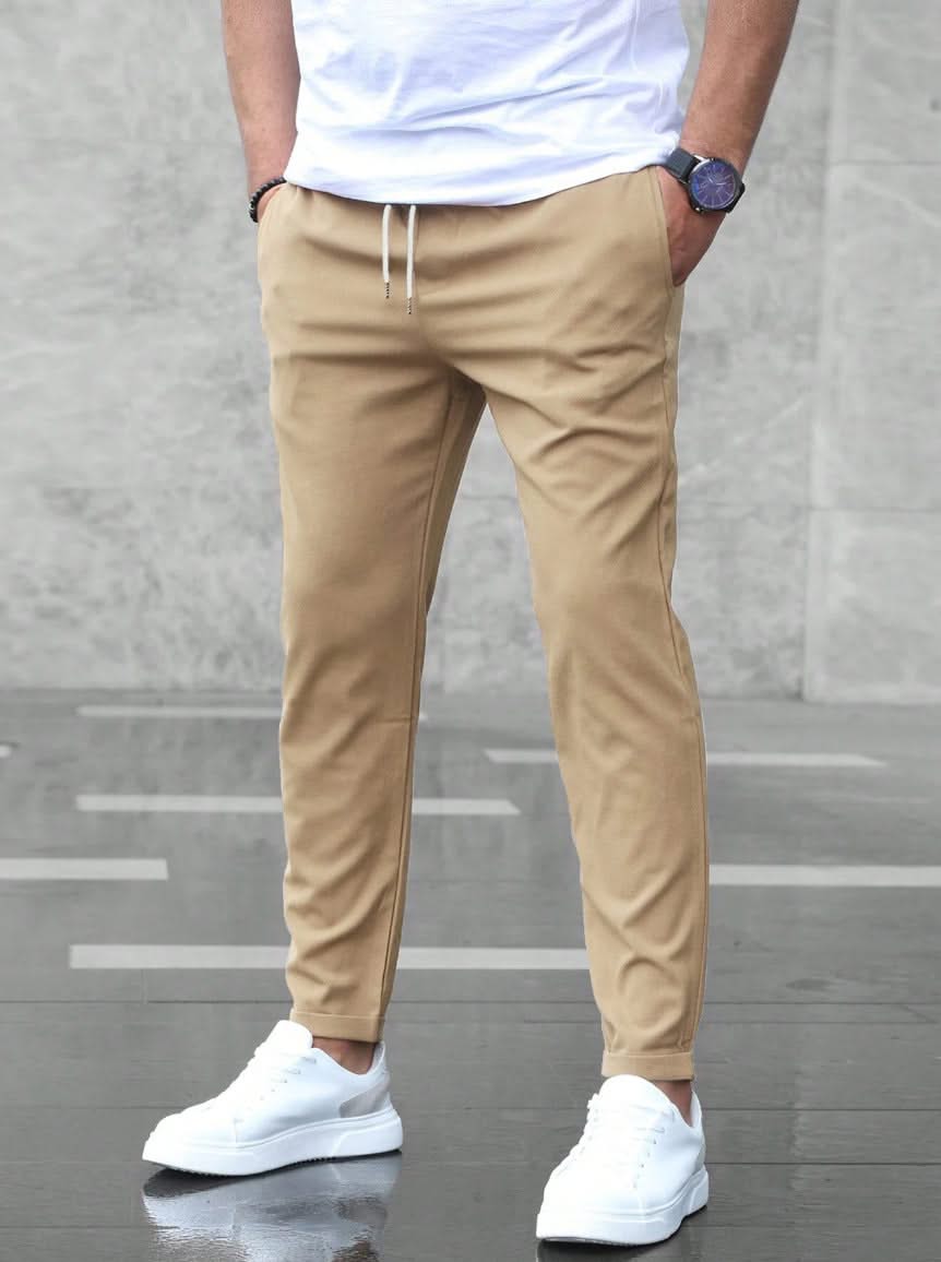 BRANSON everyday trousers, khaki tapered joggers with drawstring waist and ankle cuffs