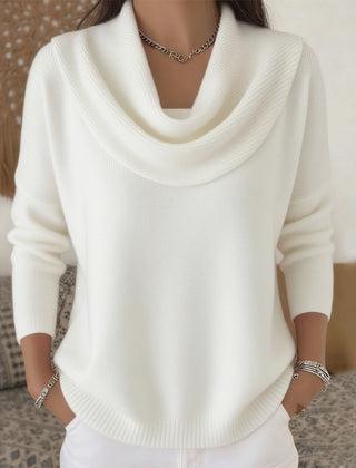 White cowl neck knit jumper with draped neckline and ribbed cuffs and hem