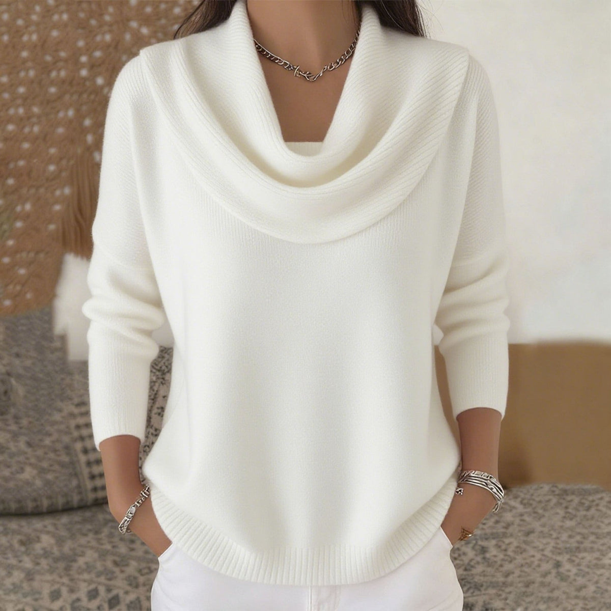 White cowl neck knit jumper with draped neckline and ribbed cuffs and hem
