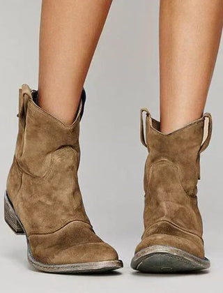 Brown suede orthopedic ankle boots with block heel and pull-on loop detail