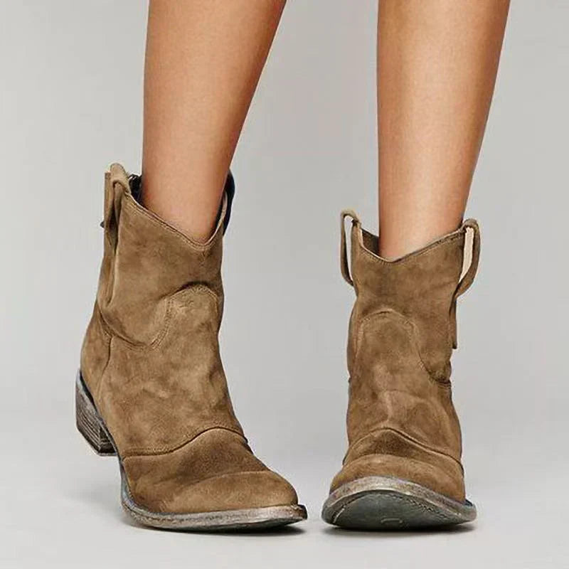 Brown suede orthopedic ankle boots with block heel and pull-on loop detail