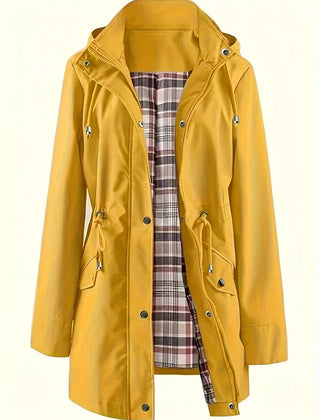 Women's 3-in-1 jacket, mustard yellow hooded coat with snap pockets