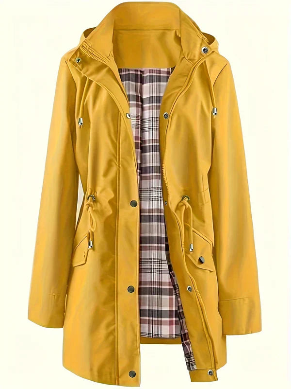 Women's 3-in-1 jacket, mustard yellow hooded coat with snap pockets