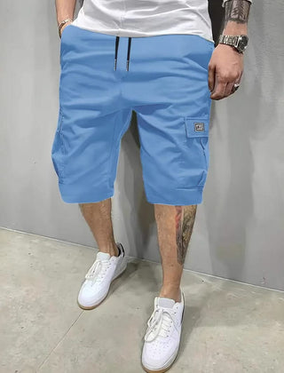Blue utility shorts with drawstring waist and side cargo pockets