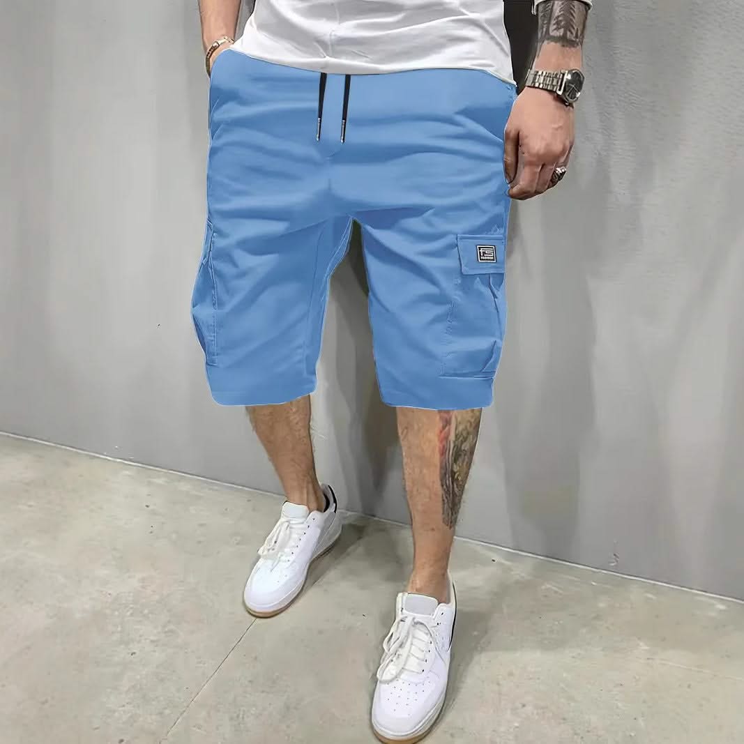 Blue utility shorts with drawstring waist and side cargo pockets