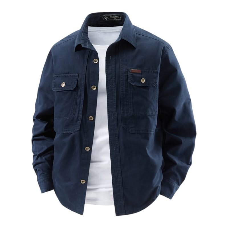 Navy utility shirt with button front, two chest flap pockets, long sleeves.