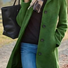 Green retro long wool coat with notched lapels and button-front closure