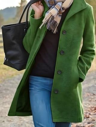 Green retro long wool coat with notched lapels and button-front closure