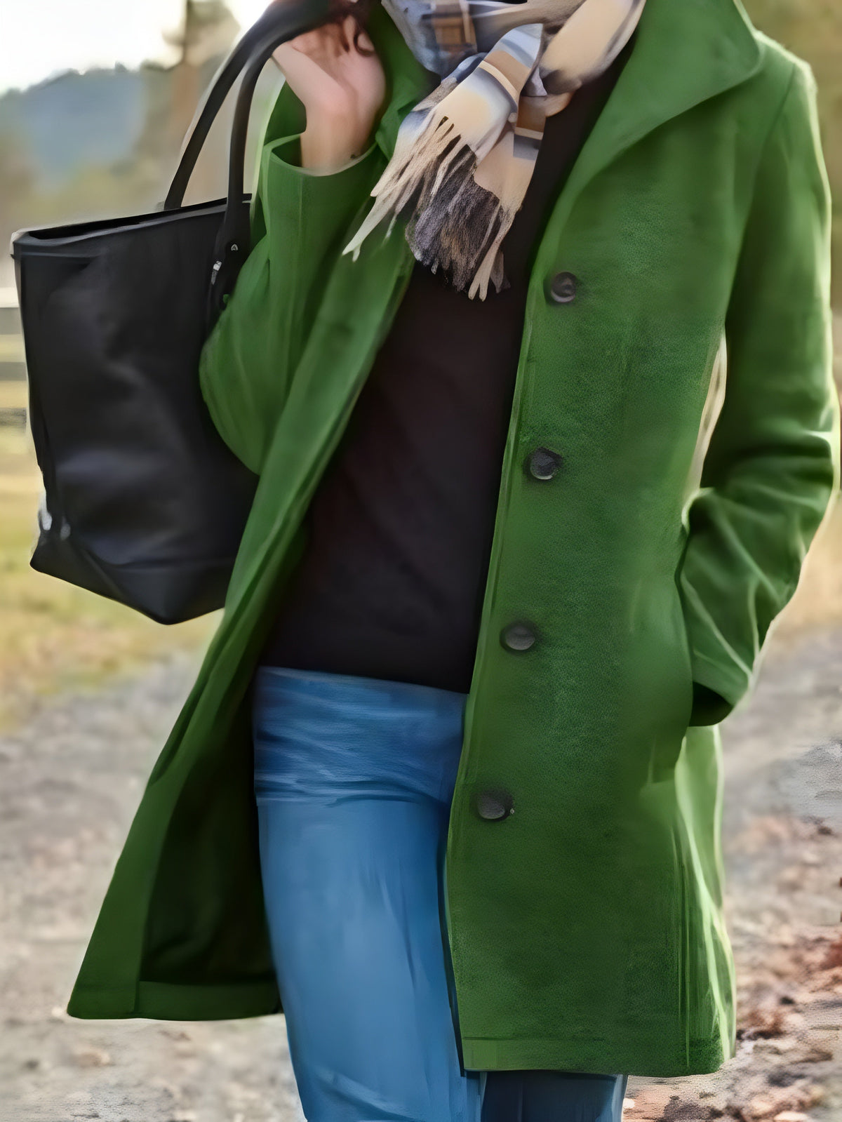 Green retro long wool coat with notched lapels and button-front closure
