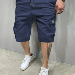 Navy utility shorts with drawstring waist and side cargo pockets