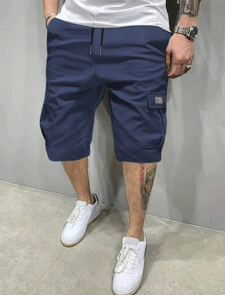 Navy utility shorts with drawstring waist and side cargo pockets