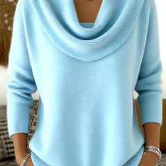 Sky blue cowl neck knit jumper with long sleeves, ribbed hem and cuffs.