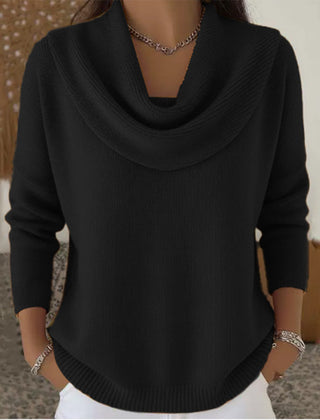 Black cowl neck knit jumper with draped cowl neckline and ribbed cuffs and hem