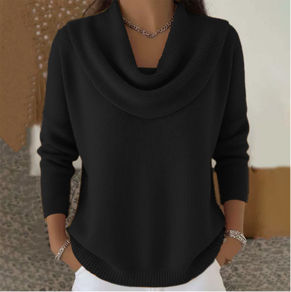 Black cowl neck knit jumper with draped cowl neckline and ribbed cuffs and hem