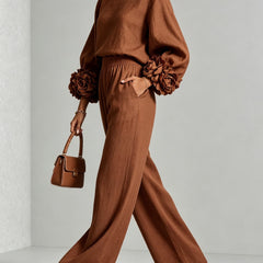 Rust brown two-piece set: long-sleeve blouse and wide-leg pants with floral puff cuff sleeves