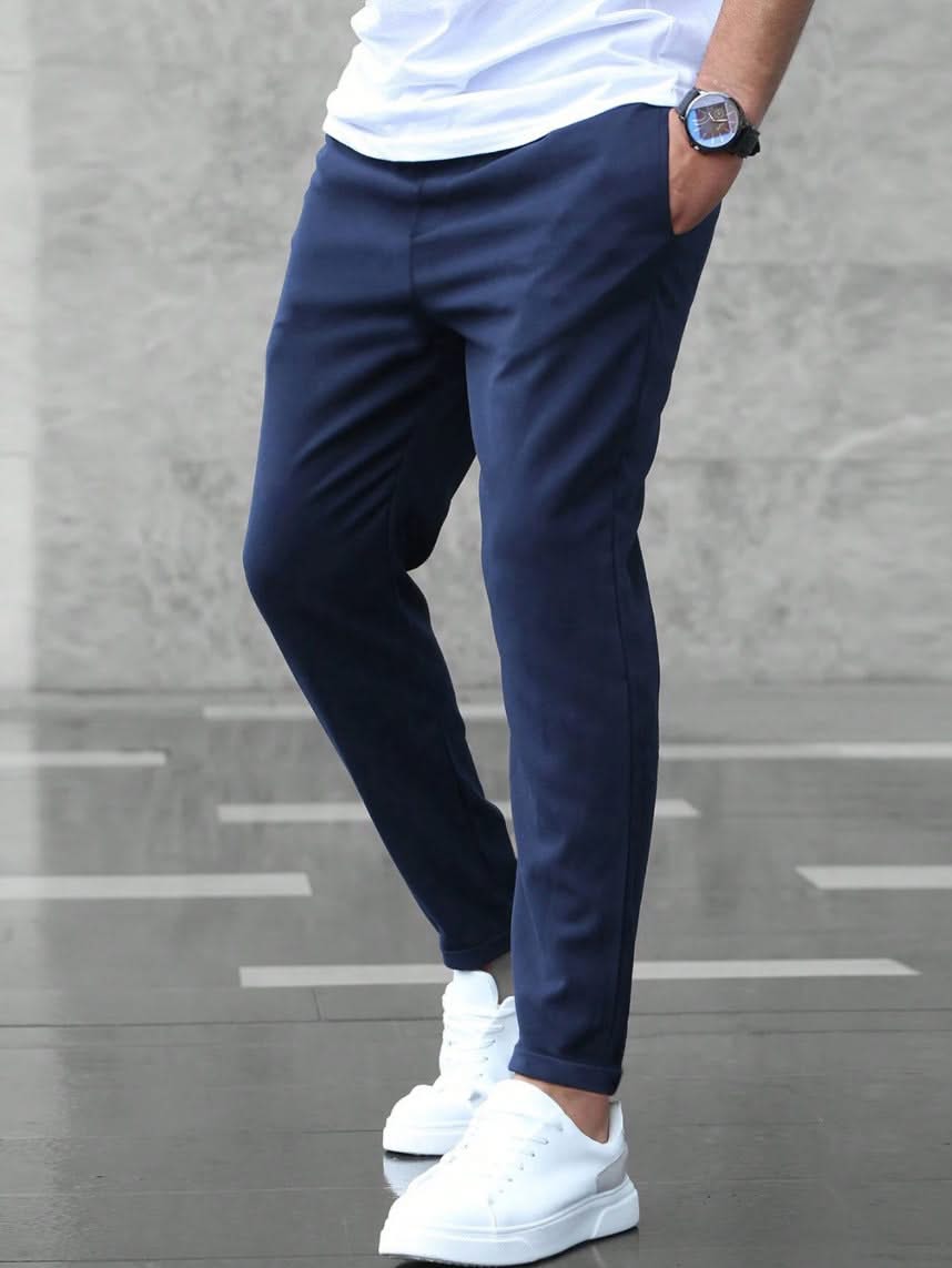 BRANSON everyday trousers, navy tapered joggers with drawstring waist and ankle cuffs