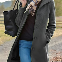 Gray retro long wool coat with notched lapels and four-button front