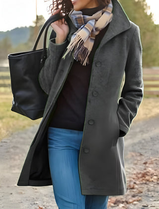Gray retro long wool coat with notched lapels and four-button front