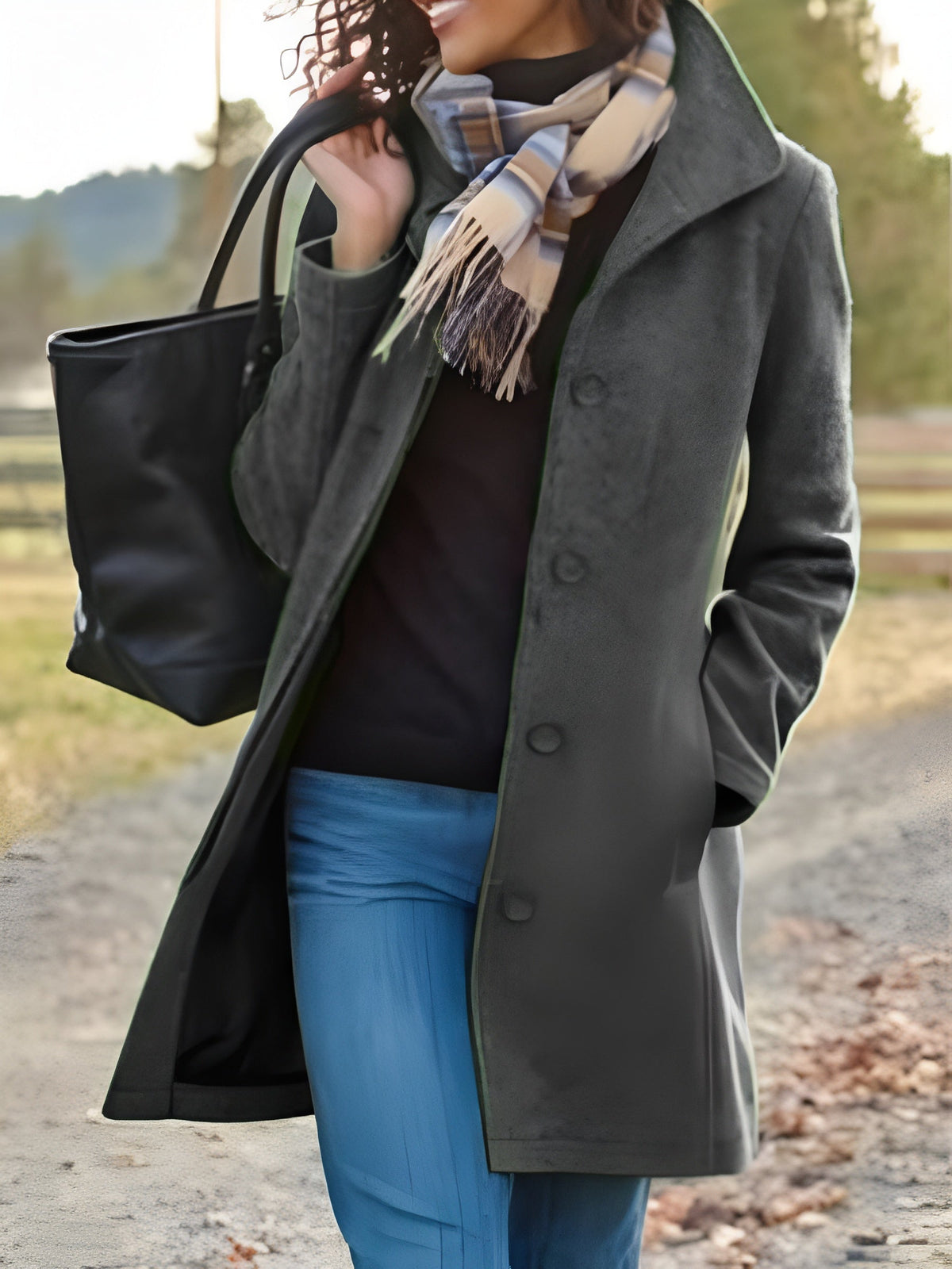 Gray retro long wool coat with notched lapels and four-button front