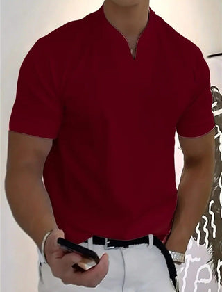 Men's short-sleeve V-neck fitness tee in dark red, with front button placket