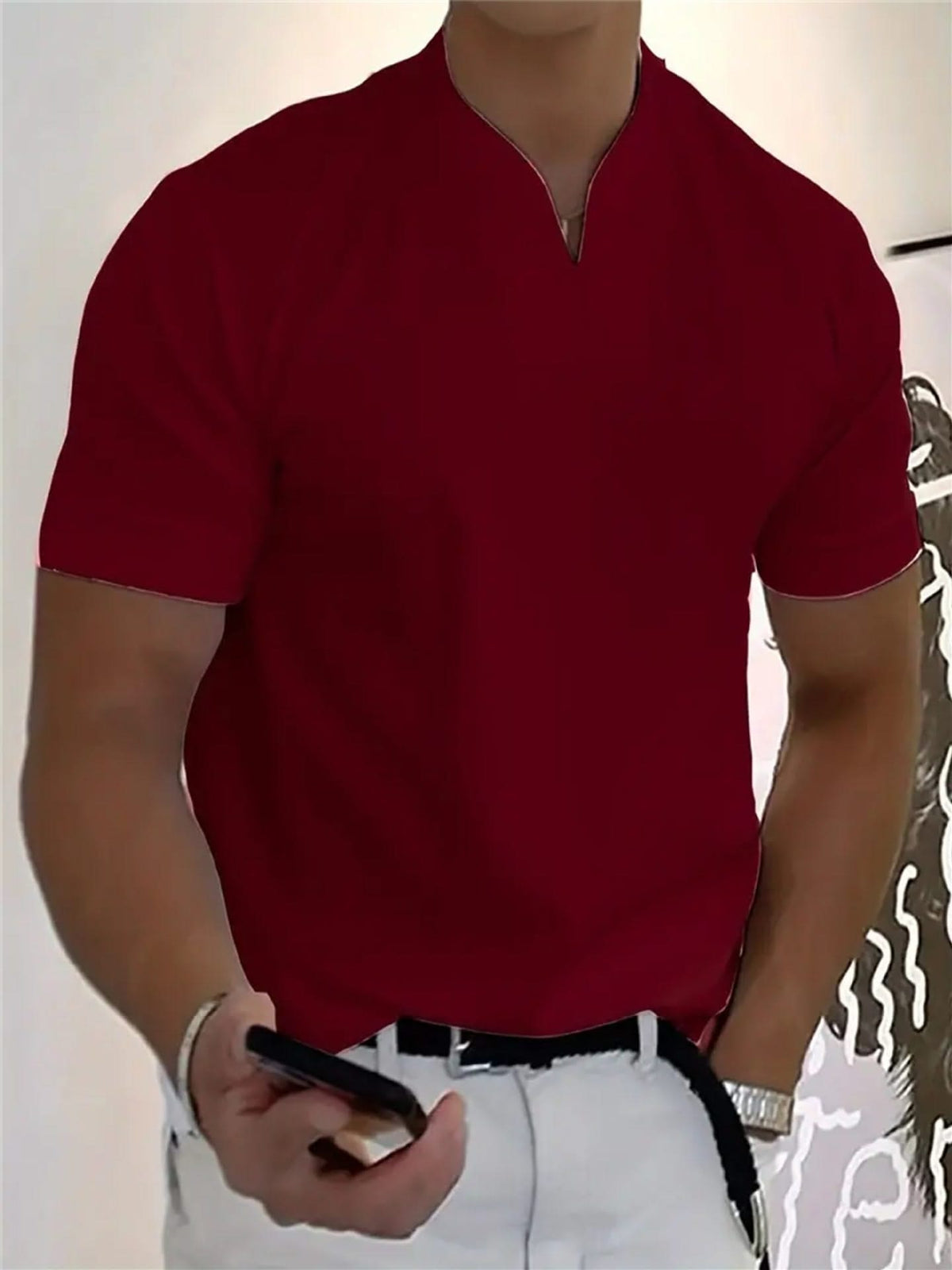 Men's short-sleeve V-neck fitness tee in dark red, with front button placket