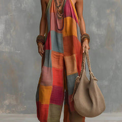 Multicolor patchwork sleeveless wide-leg jumpsuit with halter neckline