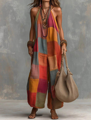 Multicolor patchwork sleeveless wide-leg jumpsuit with halter neckline