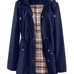 Women’s 3-in-1 jacket in navy, hooded outer layer with plaid inner lining and drawcord.