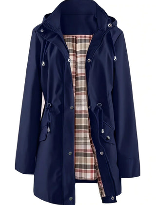 Women’s 3-in-1 jacket in navy, hooded outer layer with plaid inner lining and drawcord.