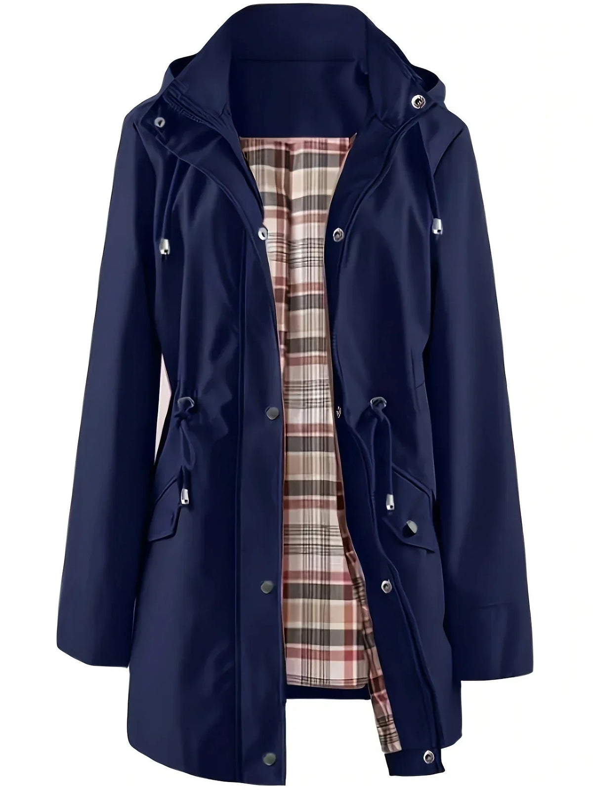 Women’s 3-in-1 jacket in navy, hooded outer layer with plaid inner lining and drawcord.