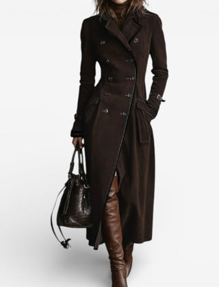 Dark brown long trench coat with double-breasted buttons, notched lapels, belt, side slit.
