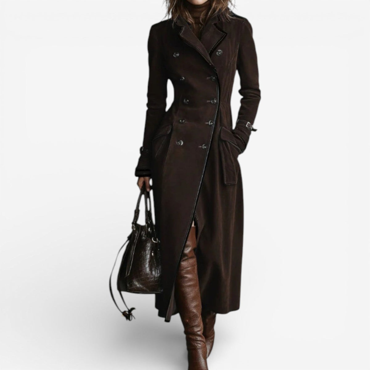 Dark brown long trench coat with double-breasted buttons, notched lapels, belt, side slit.