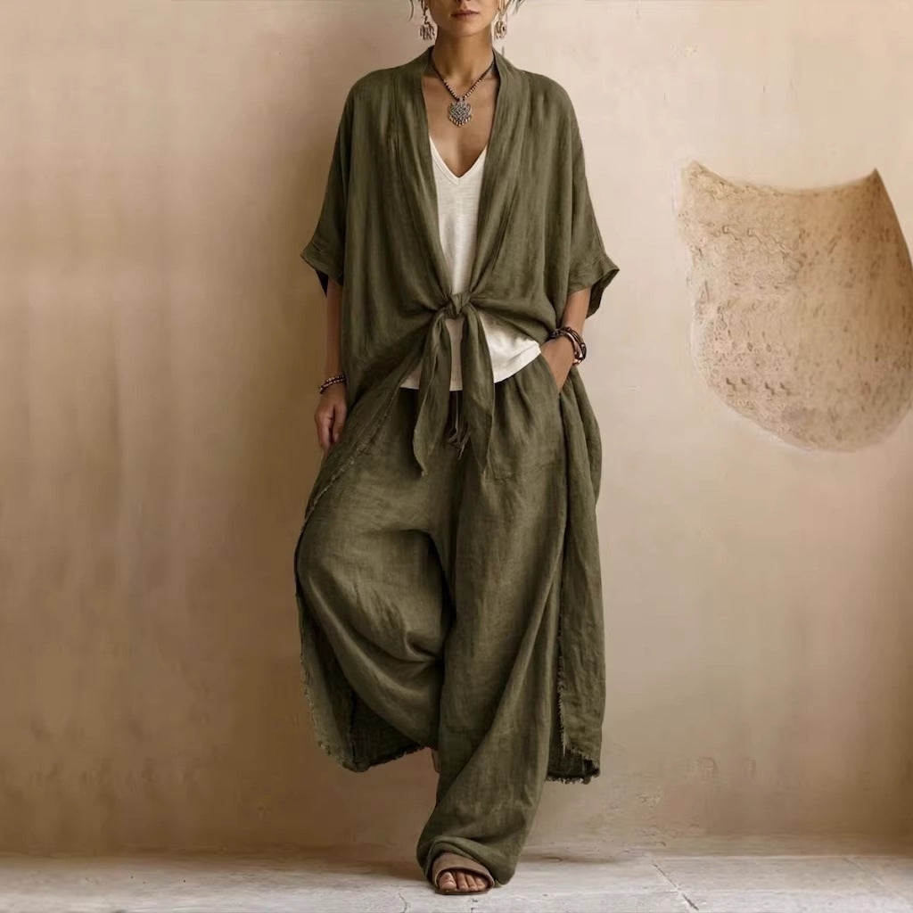 Olive green oversized linen kimono set with knotted front and wide-leg pants, relaxed fit.