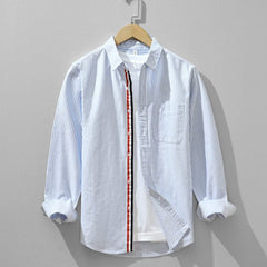 Men's blue striped linen shirt, button-up with chest pocket and front placket trim