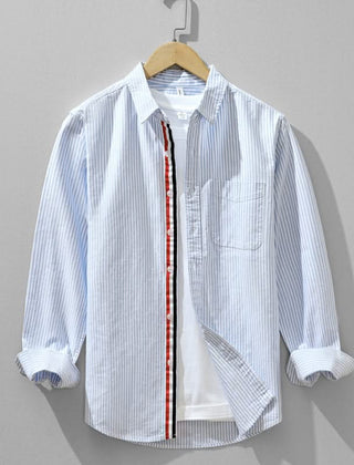 Men's blue striped linen shirt, button-up with chest pocket and front placket trim