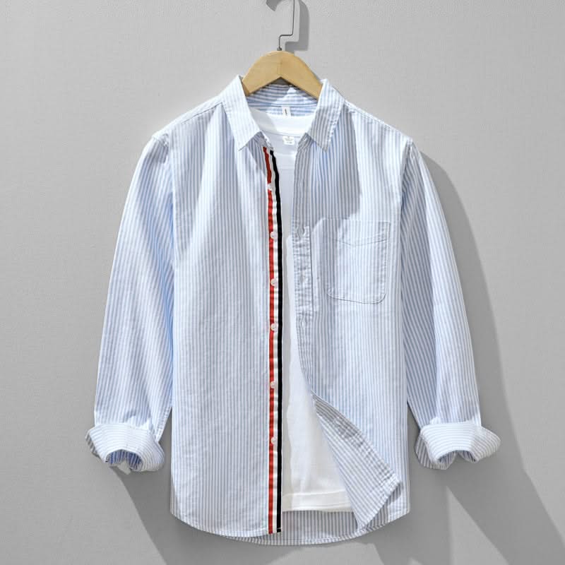 Men's blue striped linen shirt, button-up with chest pocket and front placket trim