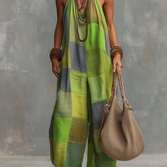Neon green patchwork sleeveless wide-leg jumpsuit with halter neckline