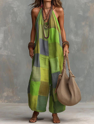 Neon green patchwork sleeveless wide-leg jumpsuit with halter neckline