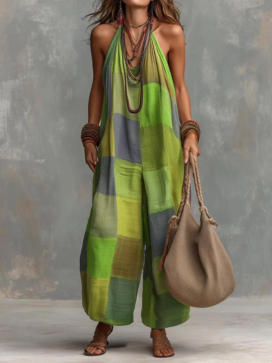 Neon green patchwork sleeveless wide-leg jumpsuit with halter neckline
