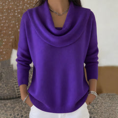 Purple cowl neck knit jumper with draped neckline and ribbed cuffs and hem