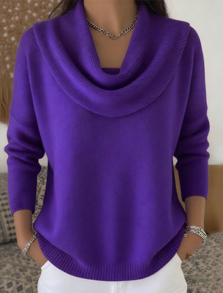 Purple cowl neck knit jumper with draped neckline and ribbed cuffs and hem