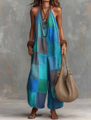 Blue patchwork sleeveless wide-leg jumpsuit with halter neckline