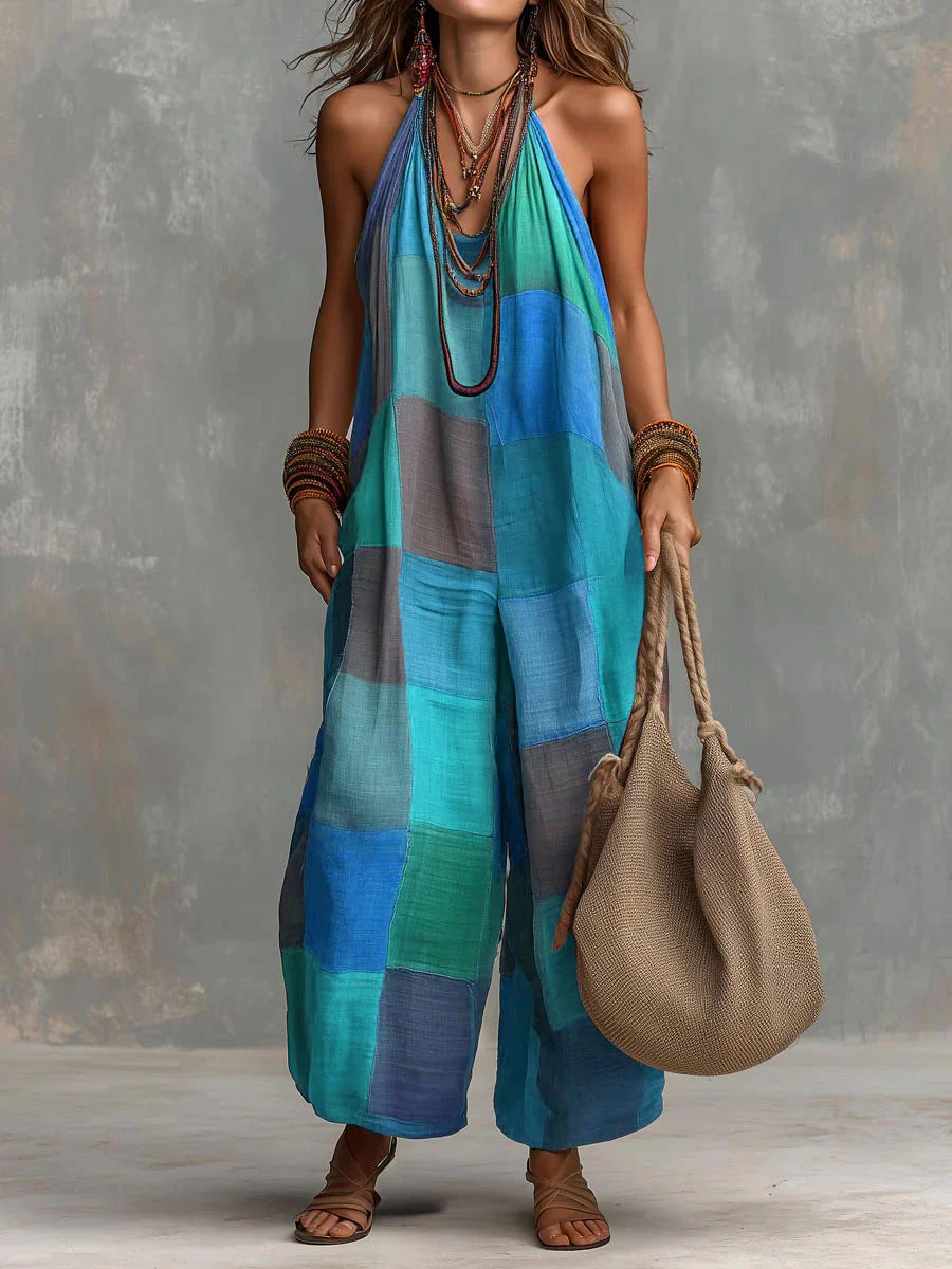 Blue patchwork sleeveless wide-leg jumpsuit with halter neckline