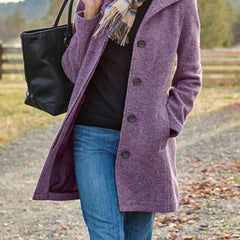 Purple retro long wool coat with notched lapels and button-front closure